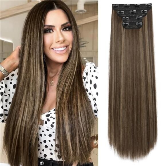 20" Straight Long 4 PCS Set Thick Clip in on Hair Extensions Chocolate